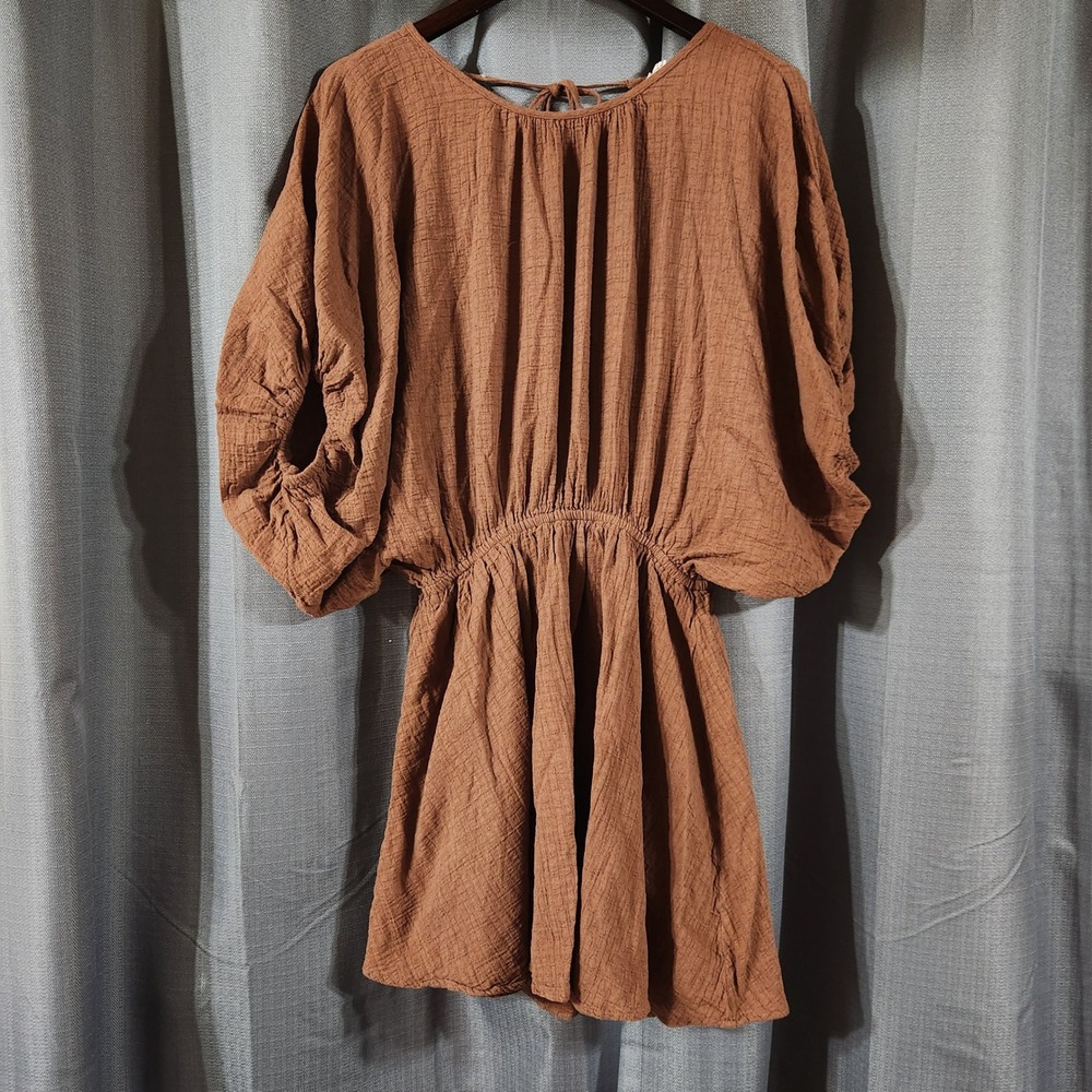 Aerie Golden Hour Cover Up Brown Textured Gauze Puff Sleeve Mini Dress Large